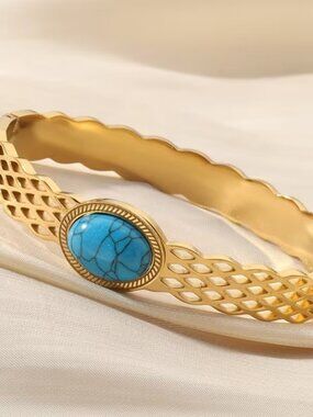 14K Gold Womens Turquoise Gemstone Bangle Cuff Bracelet New 14 K Silver Jewelry
